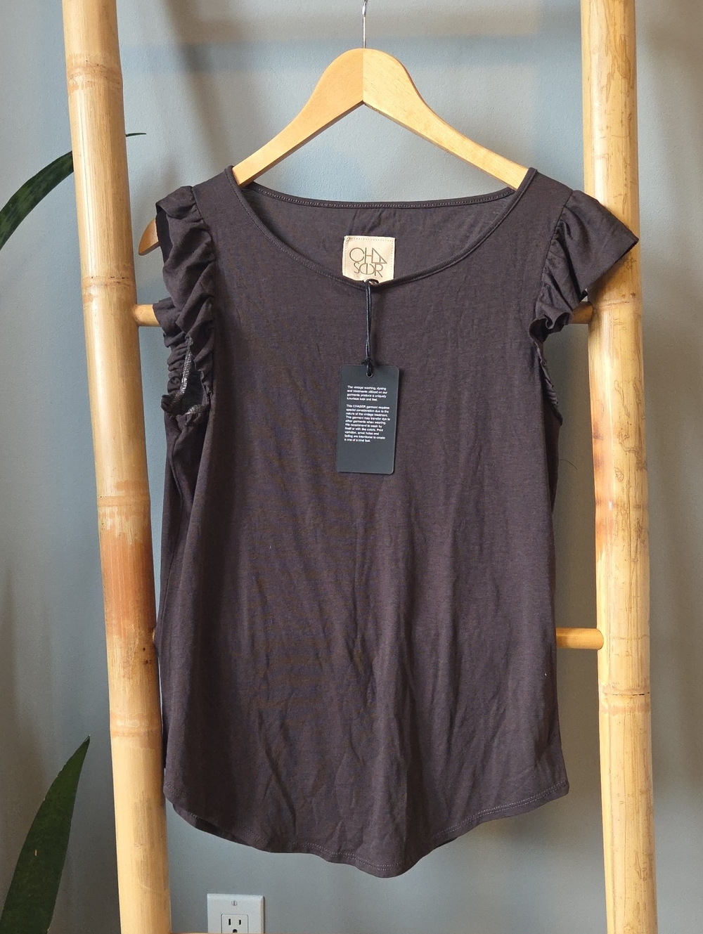 Chaser Brown Ruffle Sleeve Scoop Neck Tee